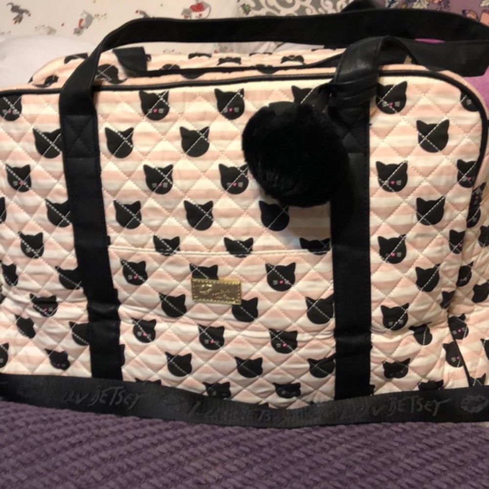 Betsey Johnson pink and black cat weekender